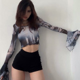 Printed Crew Neck Pullover Flare Long Sleeve Cropped Navel Casual Top