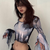 Printed Crew Neck Pullover Flare Long Sleeve Cropped Navel Casual Top