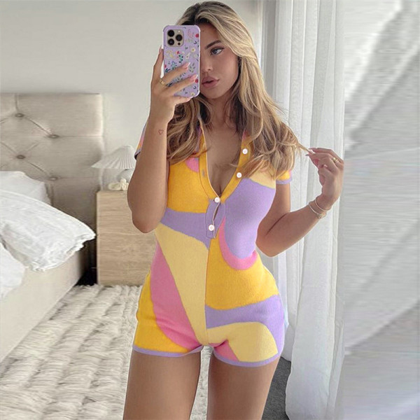 Contrast color stitching basic slim POLO button cardigan short sleeve fashion sports wool jumpsuit