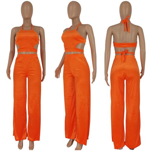 Solid color sexy top and trousers velvet two-piece set
