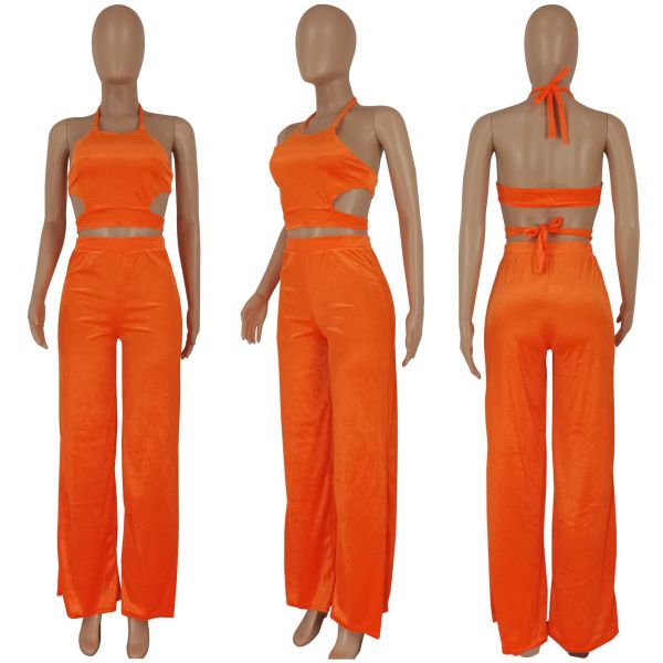 Solid color sexy top and trousers velvet two-piece set