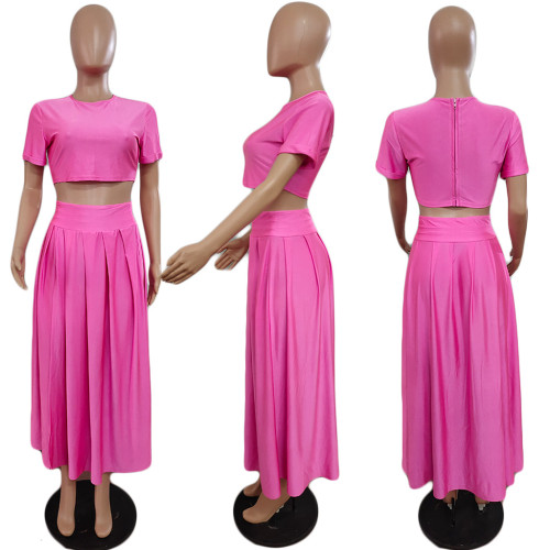 Solid Color Slit Pleated Skirt Fashionable Women's Two-piece Set