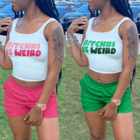 Women's Letter Print Colorblock Casual Tank Top Shorts Set