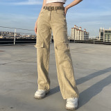 Personalized pockets distressed washed jeans casual trousers