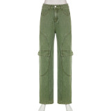 Personalized pockets distressed washed jeans casual trousers