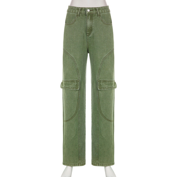 Personalized pockets distressed washed jeans casual trousers