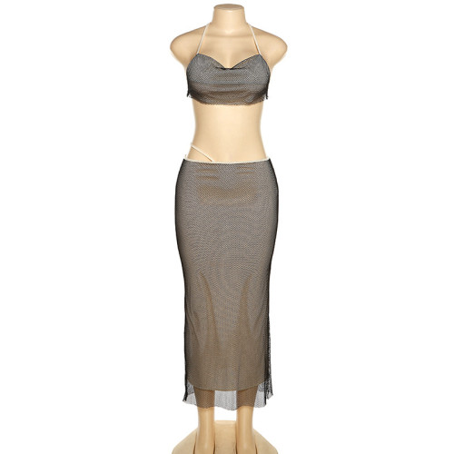 Fashion halter neck backless vest slim fit hip skirt suit