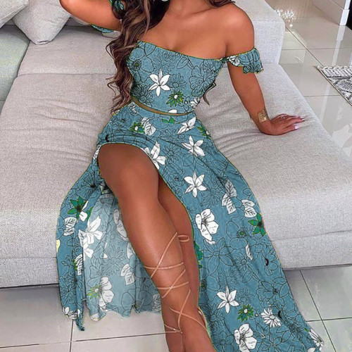 Fashion Sexy One Shoulder Dress Chiffon Print Slit Long Skirt