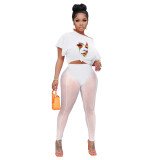 Mesh pants loose sexy breathable print two-piece set