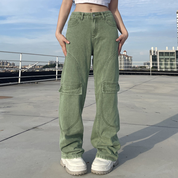 Personalized pockets distressed washed jeans casual trousers