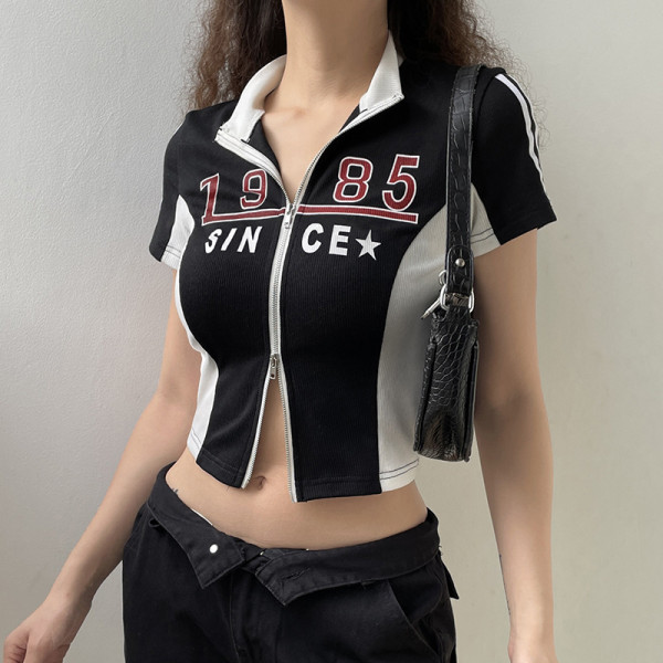 Motorcycle girl contrast color stitching stand-up collar zipper slim short-sleeved knitted T-shirt trend