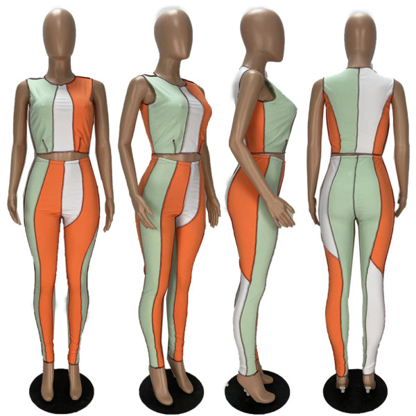 Sexy Women's Contrast Color Splicing Pit Strip Two-piece Suit