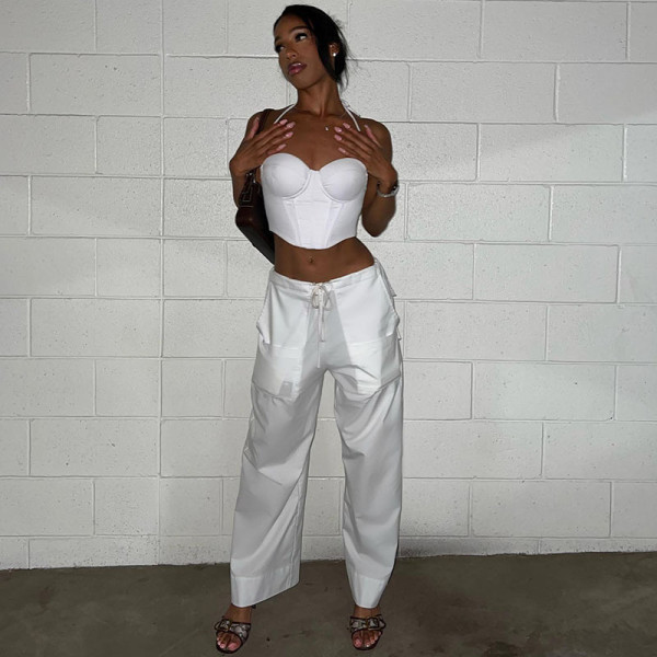 Fashionable high waist straight slim fit casual wide leg trousers