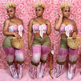 Plus Size Women's Sexy Contrast Print Wrap Pants Set