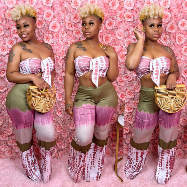 Plus Size Women's Sexy Contrast Print Wrap Pants Set