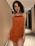 Sexy halterneck solid color fringed jumpsuit