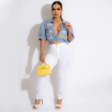 Trendy Personality Slim Straight Single-Breasted Printed Cannonball Short Denim Top
