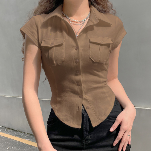 Fashion Solid Color Temperament Lapel Pocket Breasted Slim Fit Slim Short Sleeve Shirt Top