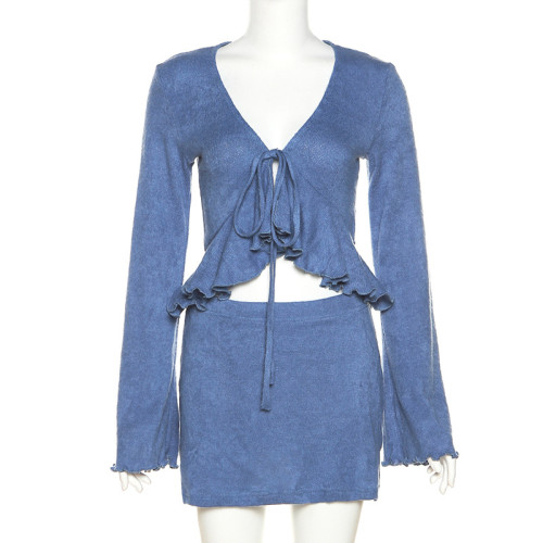 Women's Fashion Long Sleeve Cardigan T-Shirt Slim Fit Hip Skirt Set