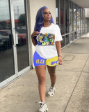 Fashion Colorblock Shorts Printed Short Sleeve Two-Piece Set