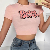 Letter Short Sleeve Print Open Waist Top Women's Casual Girls T-Shirt