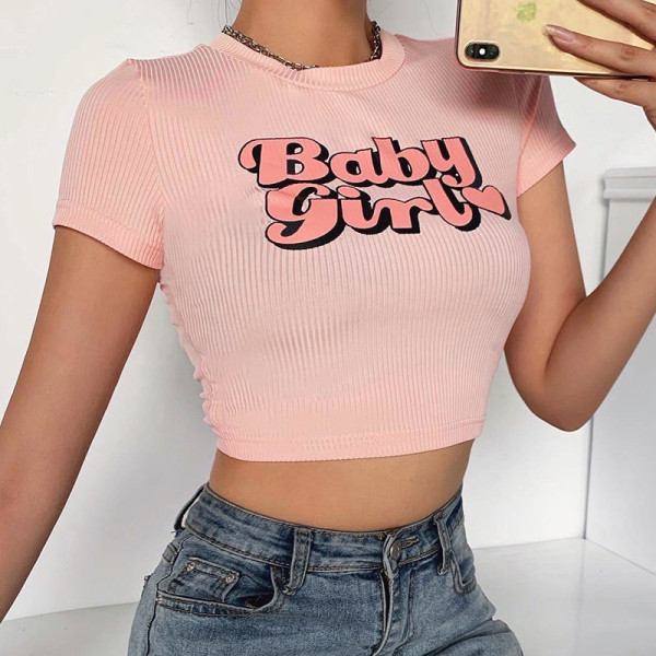 Letter Short Sleeve Print Open Waist Top Women's Casual Girls T-Shirt