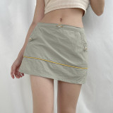 Basic Color Contrast Layered Pig Nose Button Drawstring Pocket Woven Skirt