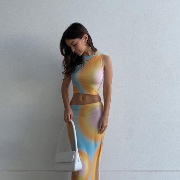 Women's Crew Neck Sleeveless Printed T-Shirt High Waist Bag Hip Long Skirt Casual Suit