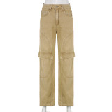 Personalized pockets distressed washed jeans casual trousers
