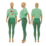 Mesh pants loose sexy breathable print two-piece set