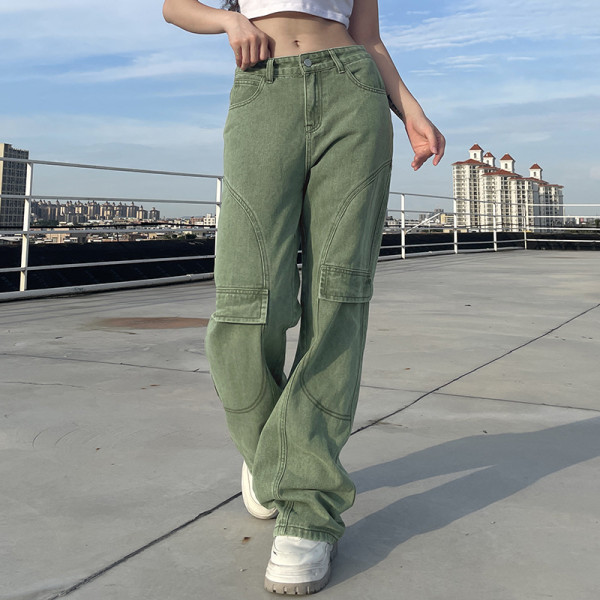 Personalized pockets distressed washed jeans casual trousers