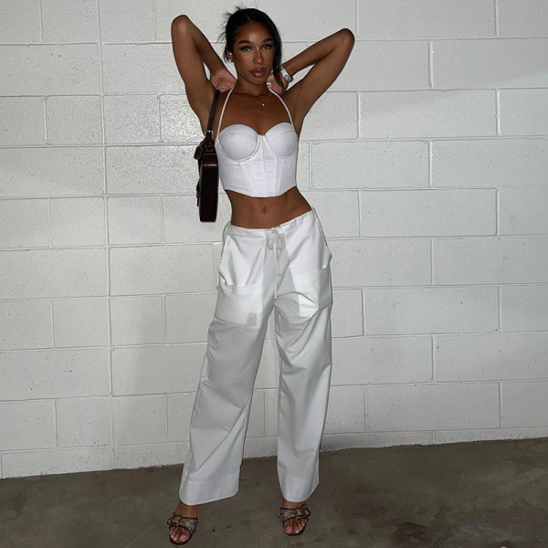 Fashionable high waist straight slim fit casual wide leg trousers