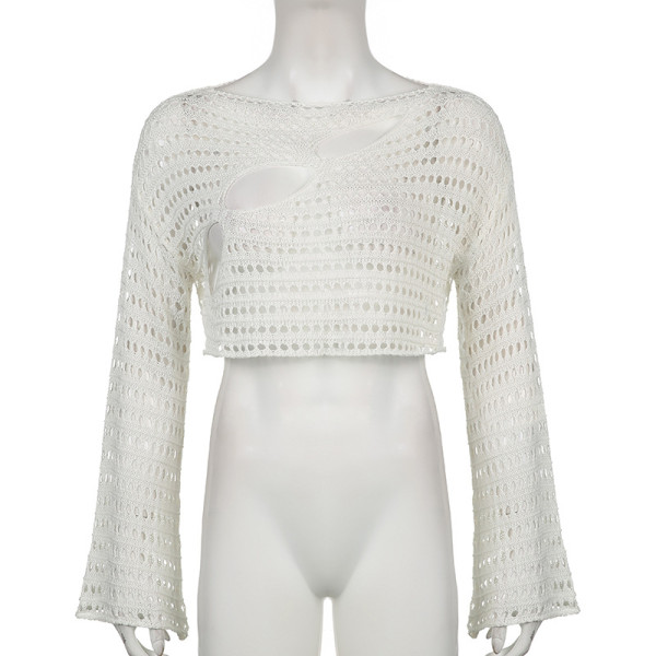 Fashion pure and sweet mesh hollow horn sleeve short solid color knitted blouse