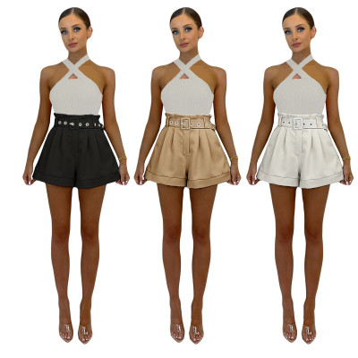 Solid Color Casual Versatile Shorts With Tonal Belt Side Pockets
