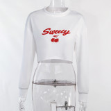 Knit Print Cropped Navel Long Sleeve Sweatshirt Cropped White Top