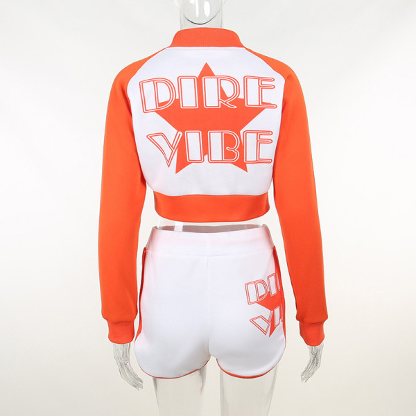 Print Colorblock Sports Casual Long Sleeve Shorts Set Fashion Women's Two Piece Set