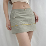 Basic Color Contrast Layered Pig Nose Button Drawstring Pocket Woven Skirt