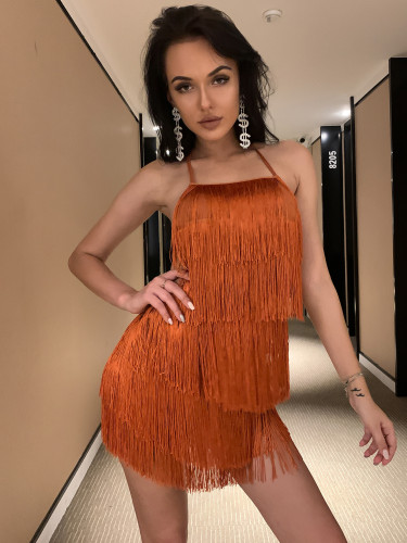 Sexy halterneck solid color fringed jumpsuit