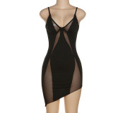 Women's Sling V-Neck Slant Hem Sheer Mesh Panel Slim Dress
