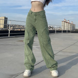Personalized pockets distressed washed jeans casual trousers