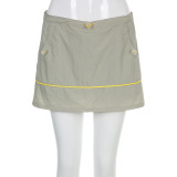 Basic Color Contrast Layered Pig Nose Button Drawstring Pocket Woven Skirt