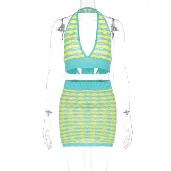 Striped knitted sweater wrap skirt two-piece fashion casual set