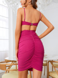 Sexy mesh fishbone stitching open back pleated hip suspender dress