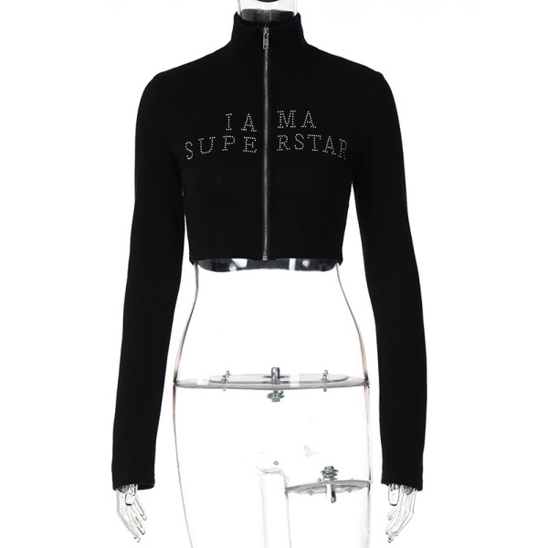 Long-sleeved hot drill high-neck all-match zipper sweater sexy hot girl crop top