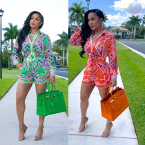 Printed long-sleeved shorts suit knotted shirt European and American fashion women's two-piece suit