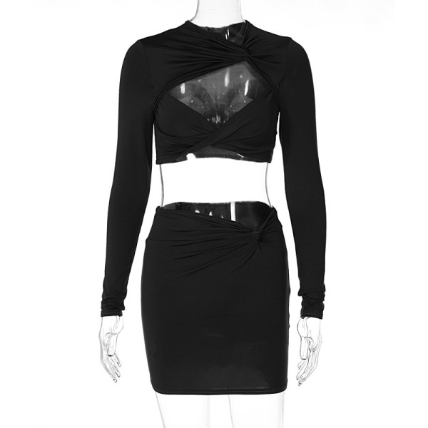 Fashion Sexy Cutout Long Sleeve Top Slim Skirt Set