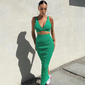 Fashion V-Neck Crop Top Slim Fit Slit Skirt Set