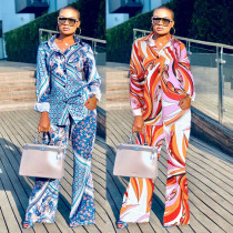 Fashion Long Blue Printed Shirt Wide Leg Pants Two Piece Set