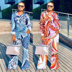 Fashion Long Blue Printed Shirt Wide Leg Pants Two Piece Set