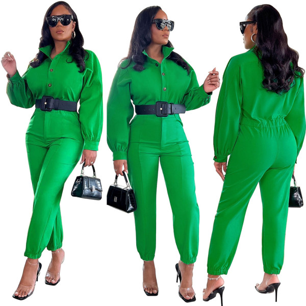 Solid Color Fashion Button Cargo Pants Casual Lapel Jumpsuit